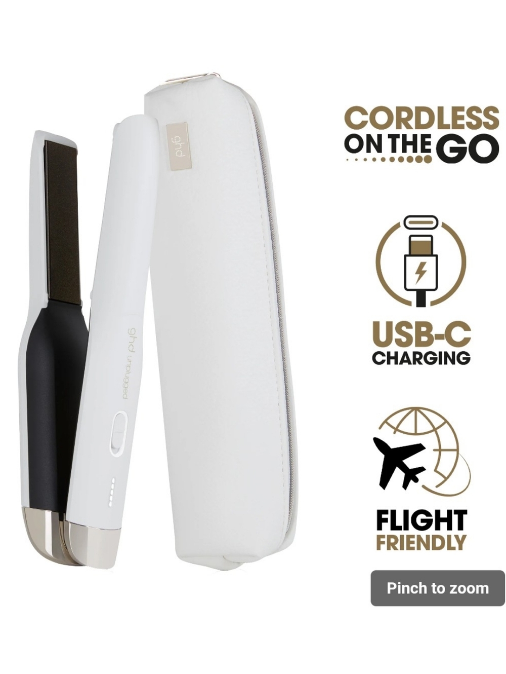 ghd Unplugged white travel flat iron with matching pouch + charging accessories